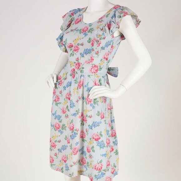 1940s Vintage Ruffle Floral Blue Cotton Apron Pinafore House Dress Sz S - Picture 1 of 6
